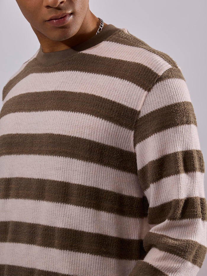 men's black stripped crew neck sweater , blended from cotton and polyster.