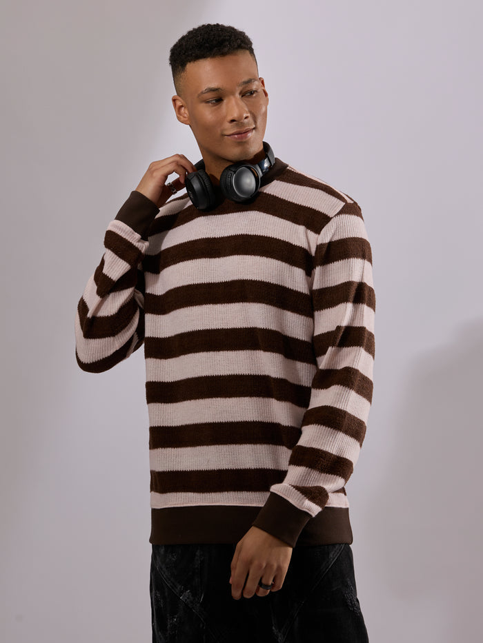 men's dark brown stripped crew neck sweater , blended from cotton and polyster.