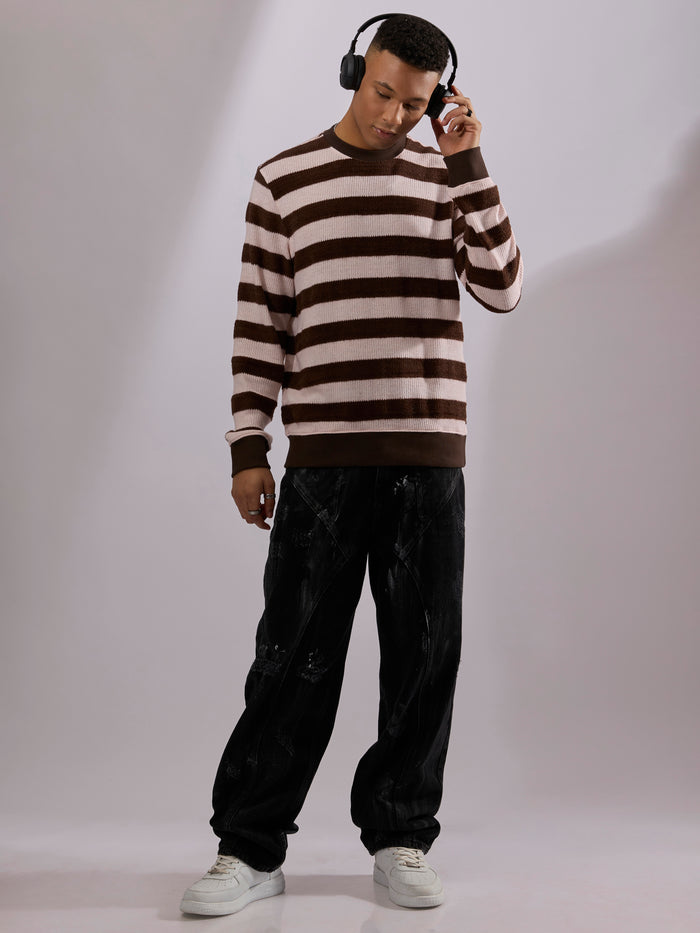 men's dark brown stripped crew neck sweater , blended from cotton and polyster.