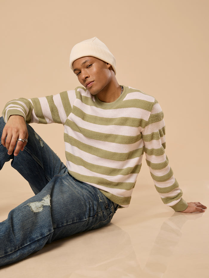 men's green stripped crew neck sweater , blended from cotton and polyster.