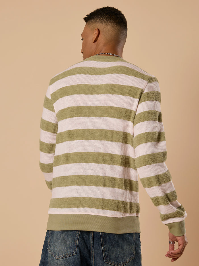 men's green stripped crew neck sweater , blended from cotton and polyster.