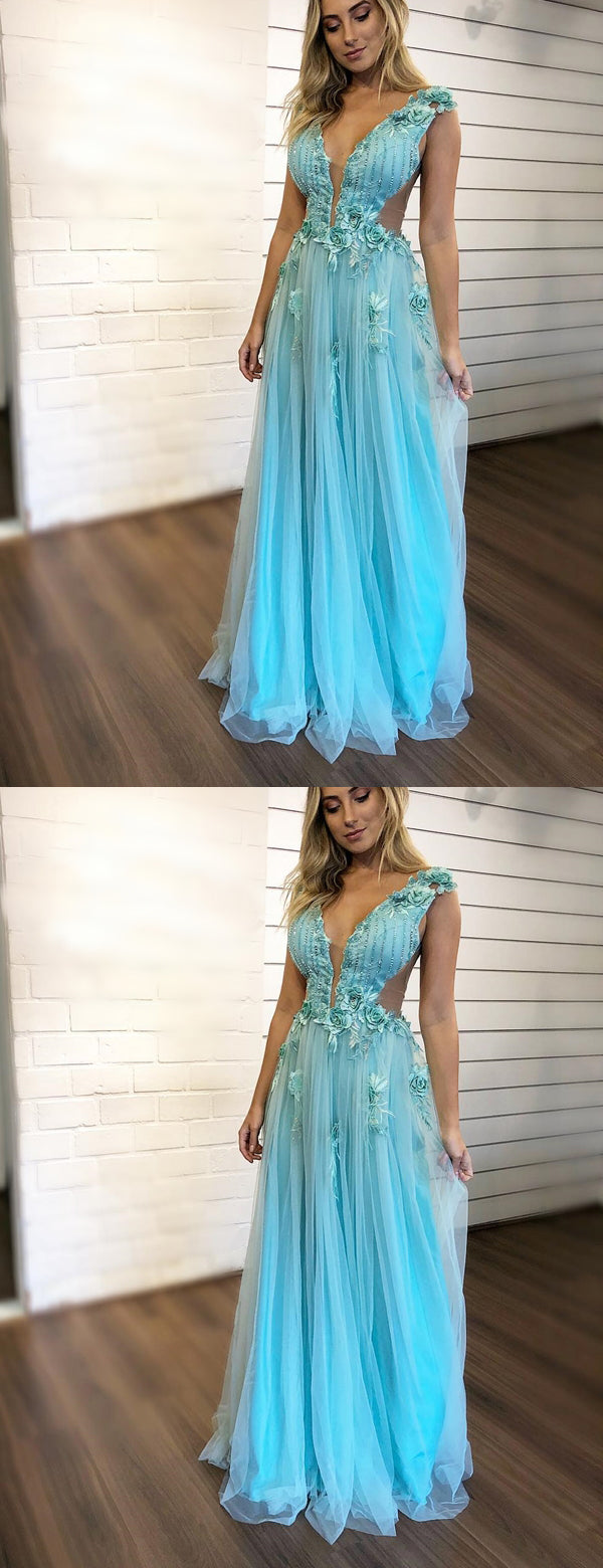 Tiffany Blue Handmade Flower Applique Tulle Charming Prom Dresses ,PD00382