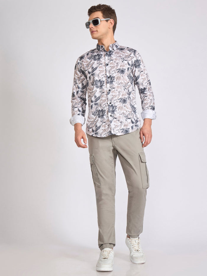 Men's Satin Floral Printed Shirt - Dark Steel Blue