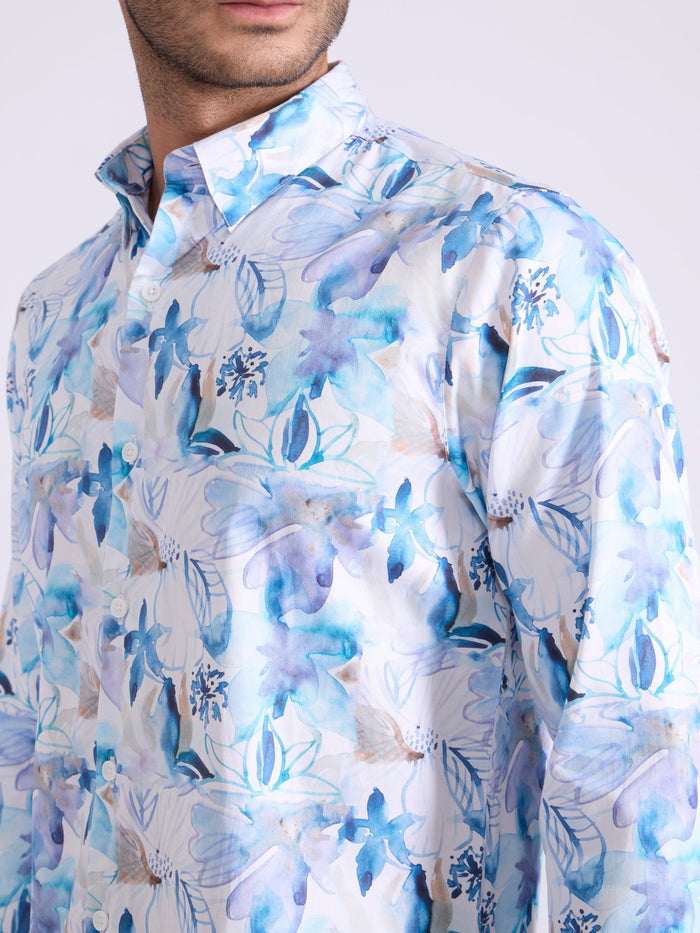 Men's Satin Floral Printed Shirt in Dodger Blue