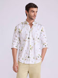 Men's Satin Floral Printed Shirt - Light Olive Green