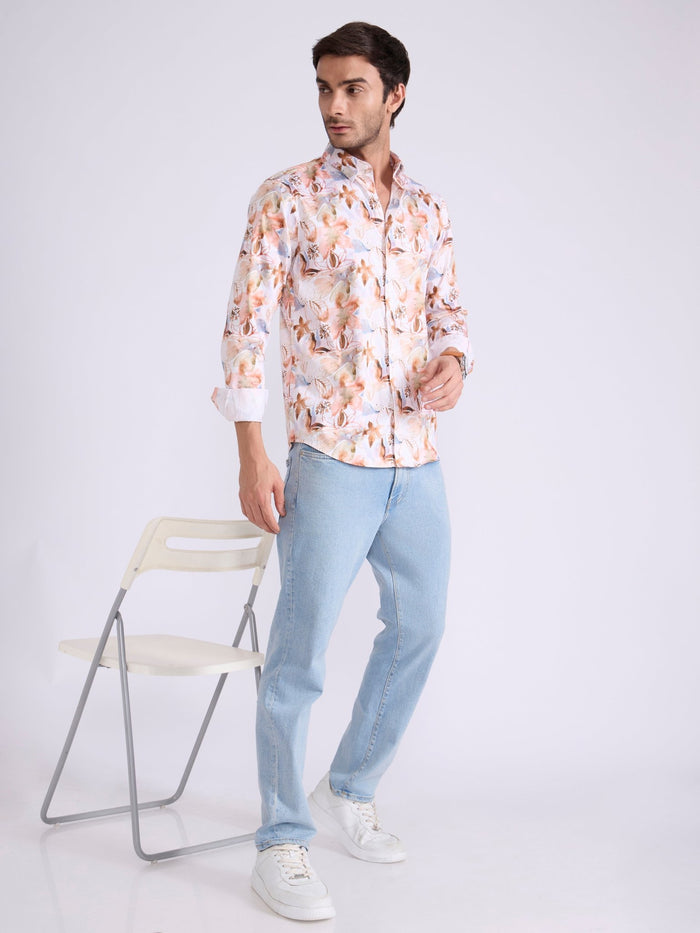 Men's Satin Floral Printed Shirt in light orange