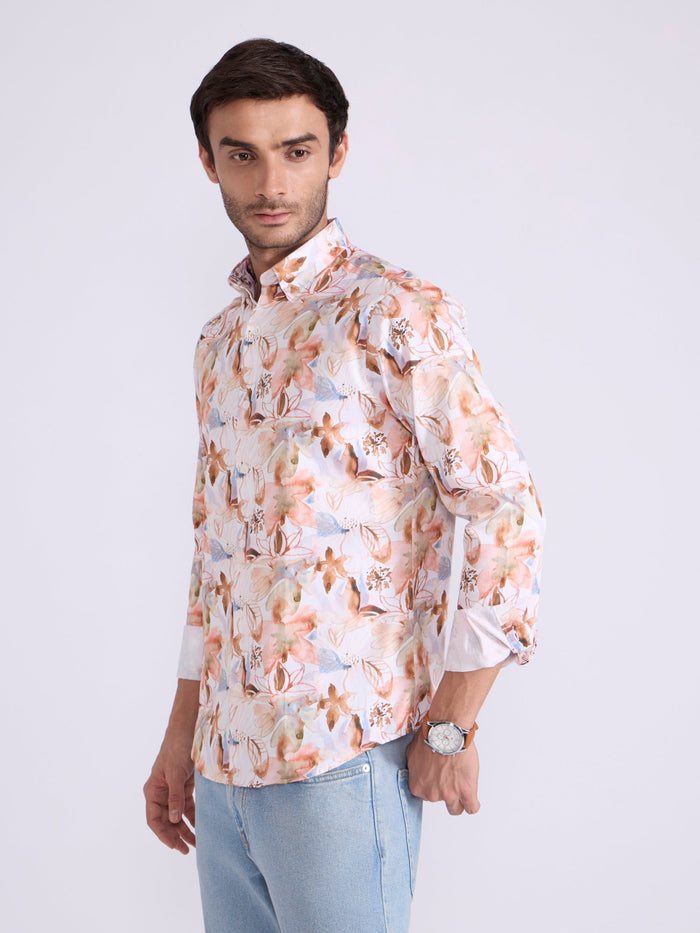 Men's Satin Floral Printed Shirt in light orange