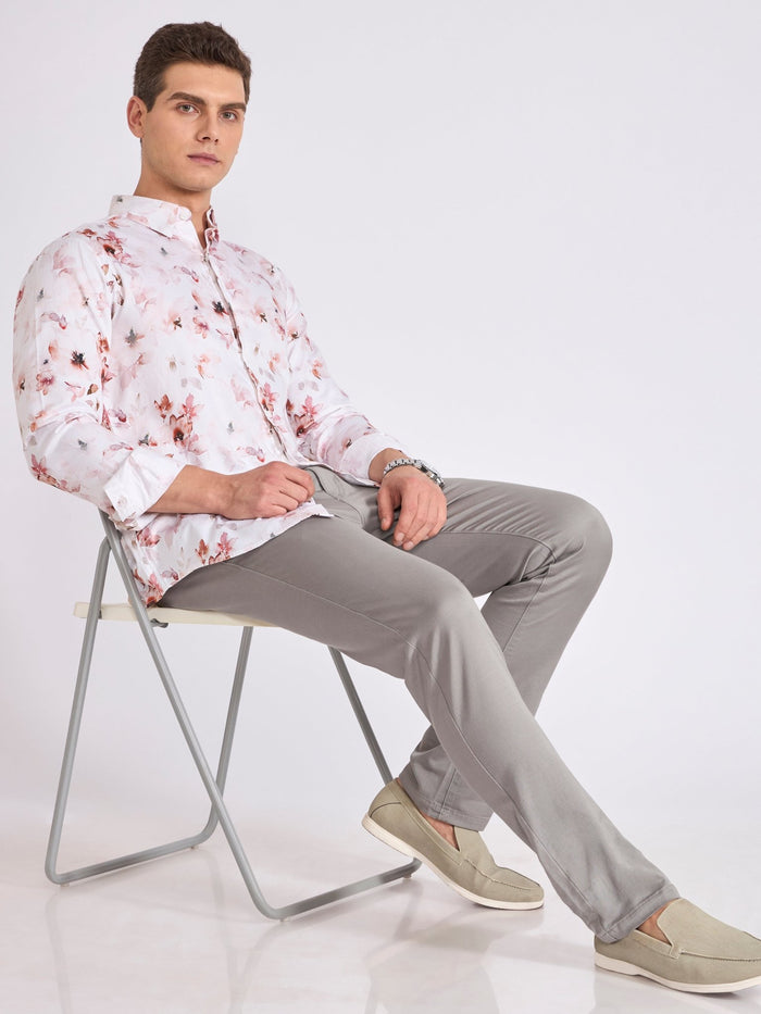 Men's Satin Floral Printed Shirt in  Soft Brown