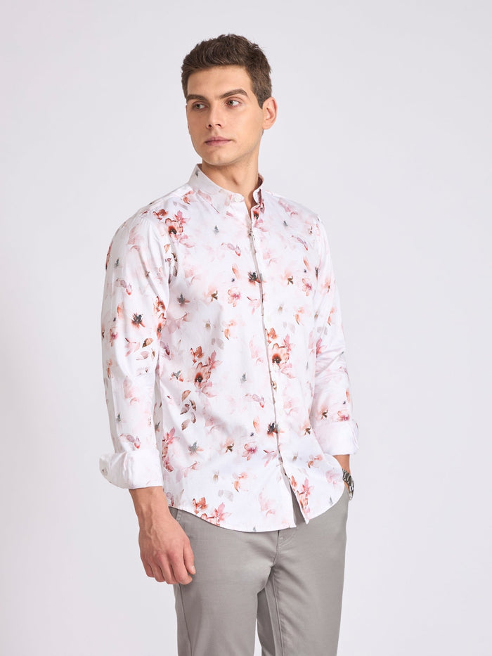 Men's Satin Floral Printed Shirt in  Soft Brown