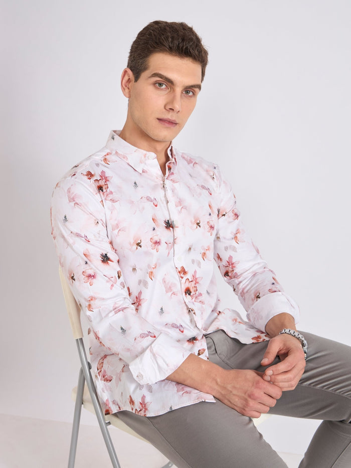 Men's Satin Floral Printed Shirt in  Soft Brown