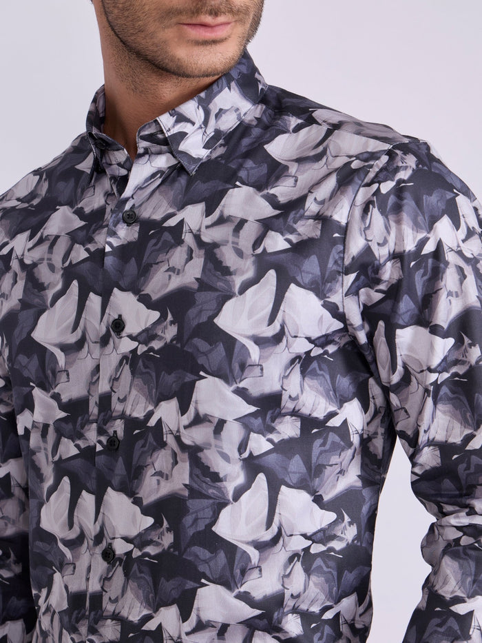 Men's  Satin Floral Printed Shirt - Steel Blue