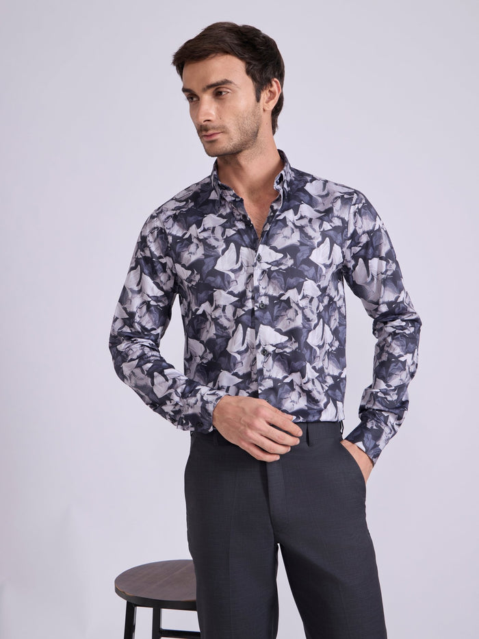 Men's  Satin Floral Printed Shirt - Steel Blue