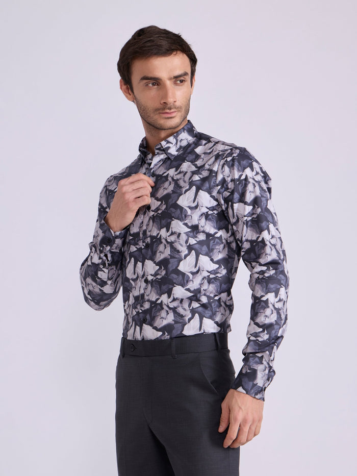 Men's  Satin Floral Printed Shirt - Steel Blue