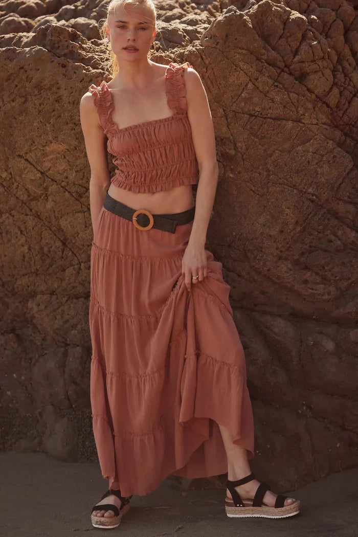 Washed Ashore Raw-Edge Tiered Ruffle Maxi Skirt - ShopPromesa