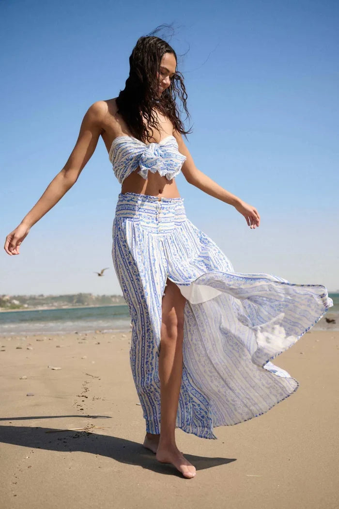 Wildflower Field Floral-Stripe Buttoned Maxi Skirt - ShopPromesa