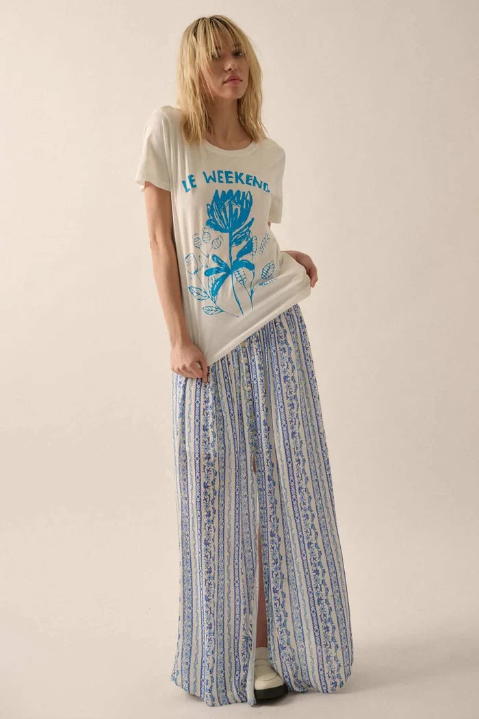 Wildflower Field Floral-Stripe Buttoned Maxi Skirt - ShopPromesa