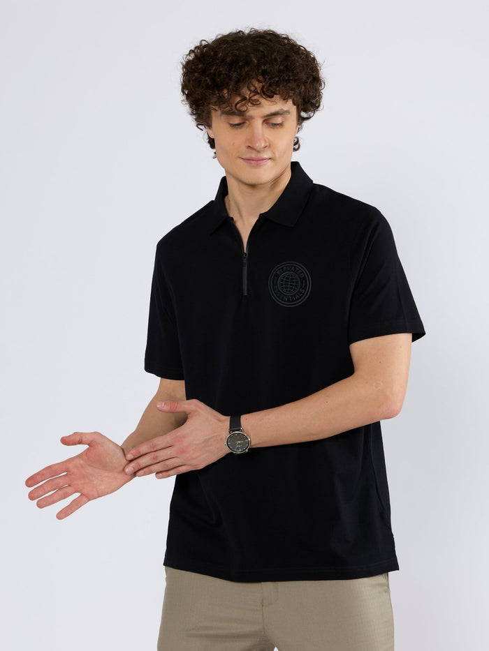 Men's Solid Zipper Polo T-shirt in black