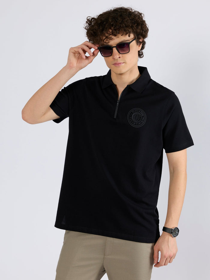 Men's Solid Zipper Polo T-shirt in black